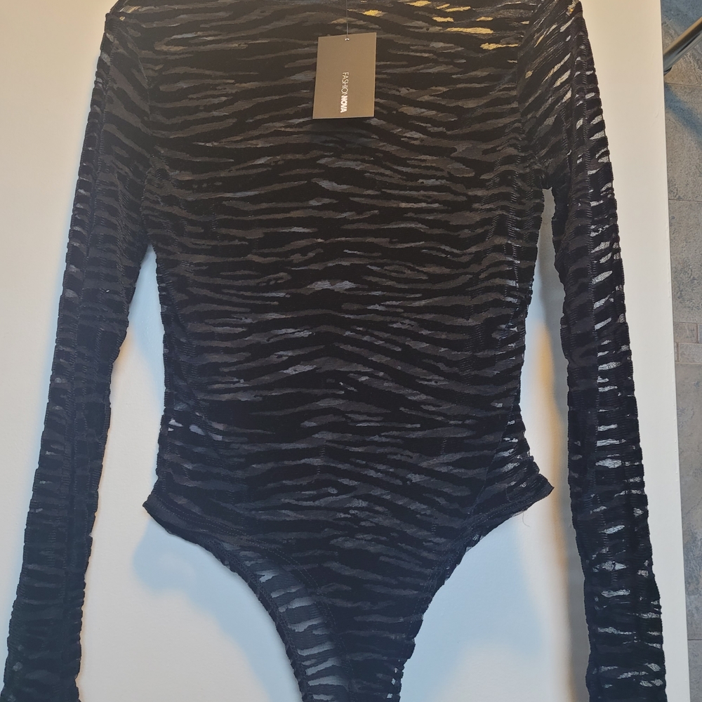Mesh Zebra-Stripe Long-Sleeve One-Piece Bodysuit - Black